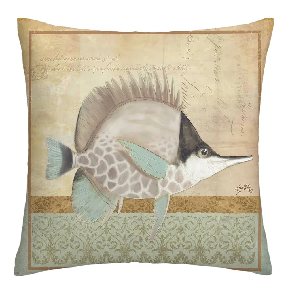 coussins carrés vintage poissons bleu gris beige coussin lin décor maison sofa voiture