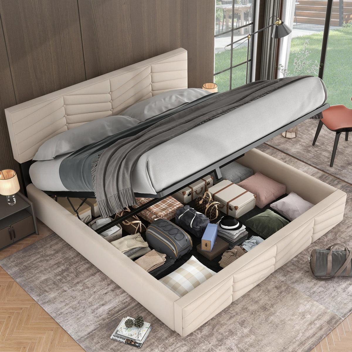 Rangement intégré sous la tête de lit