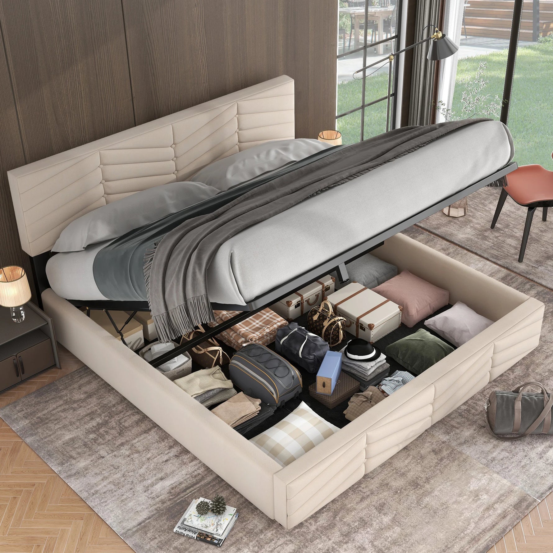 Rangement intégré sous la tête de lit