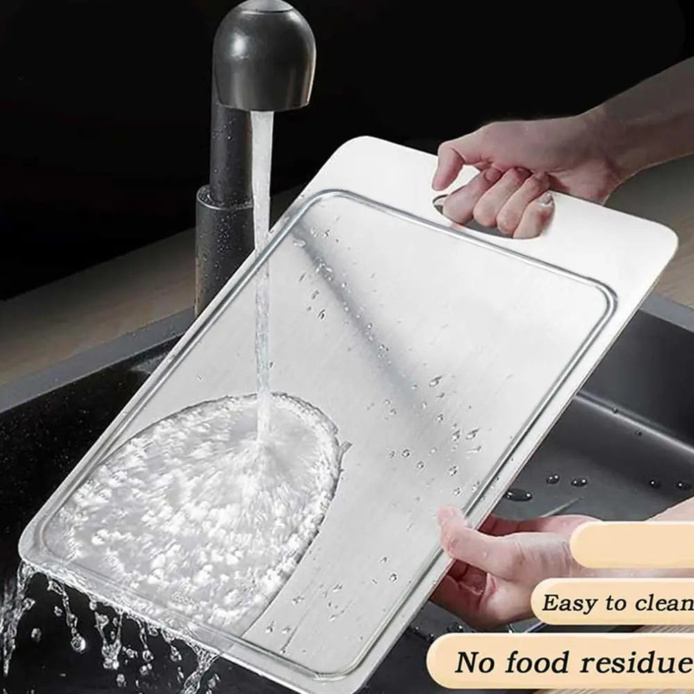 planche découper acier inoxydable texture brossée poignées moderne cuisine qualité alimentaire double face 28cm