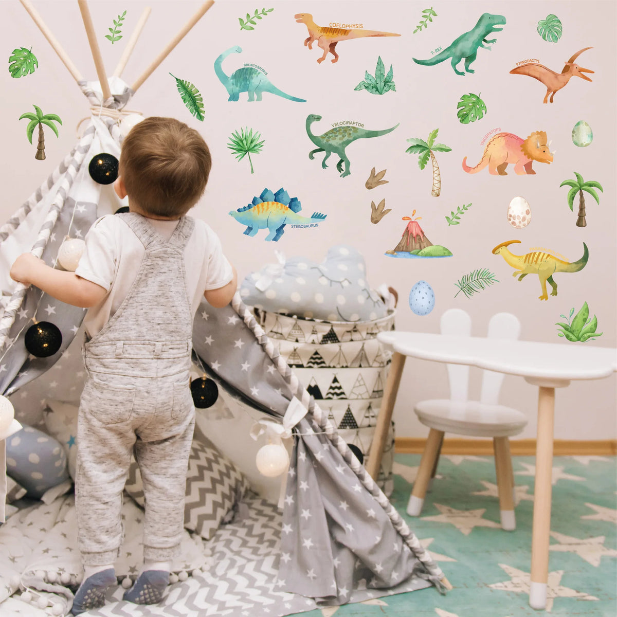 Stickers muraux animaux dinosaures feuilles palmiers motifs géométriques adhésifs decoration chambre enfants salon bébé