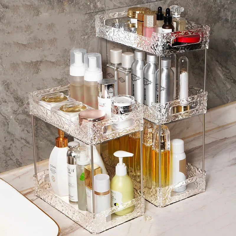 rangements cosmétiques multi niveaux transparent argenté moderne élégants texture diamantée maquillage soins peau