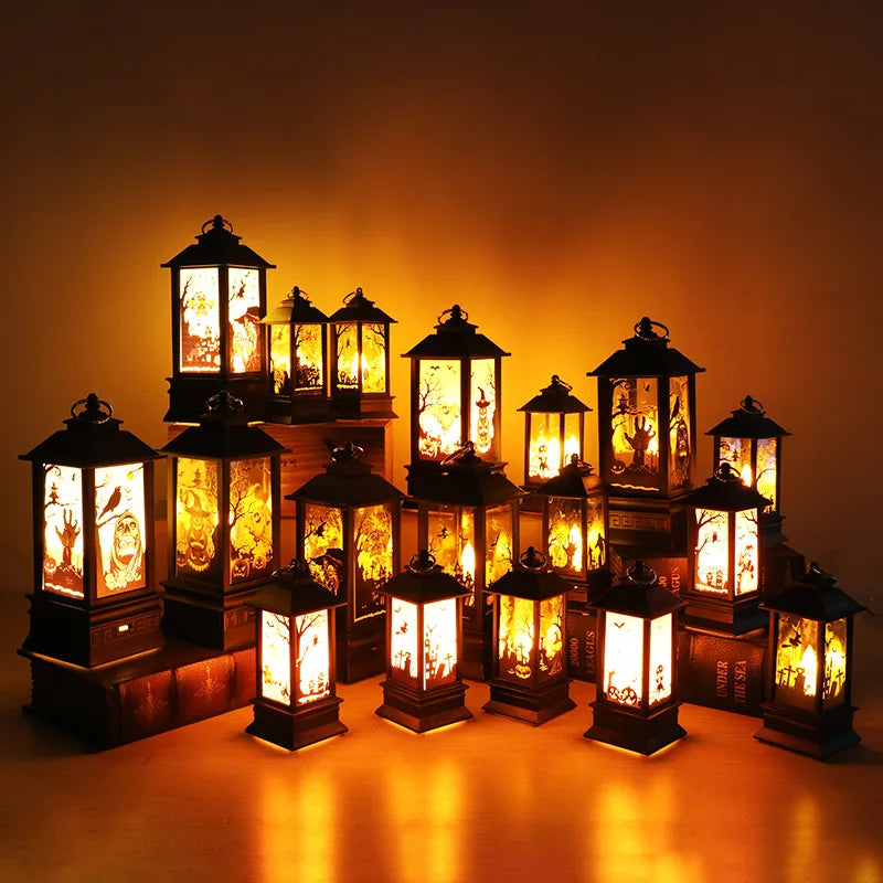 Lanterne décorative halloween noir citrouille fantôme chauve souris verre translucide vintage anneau métallique