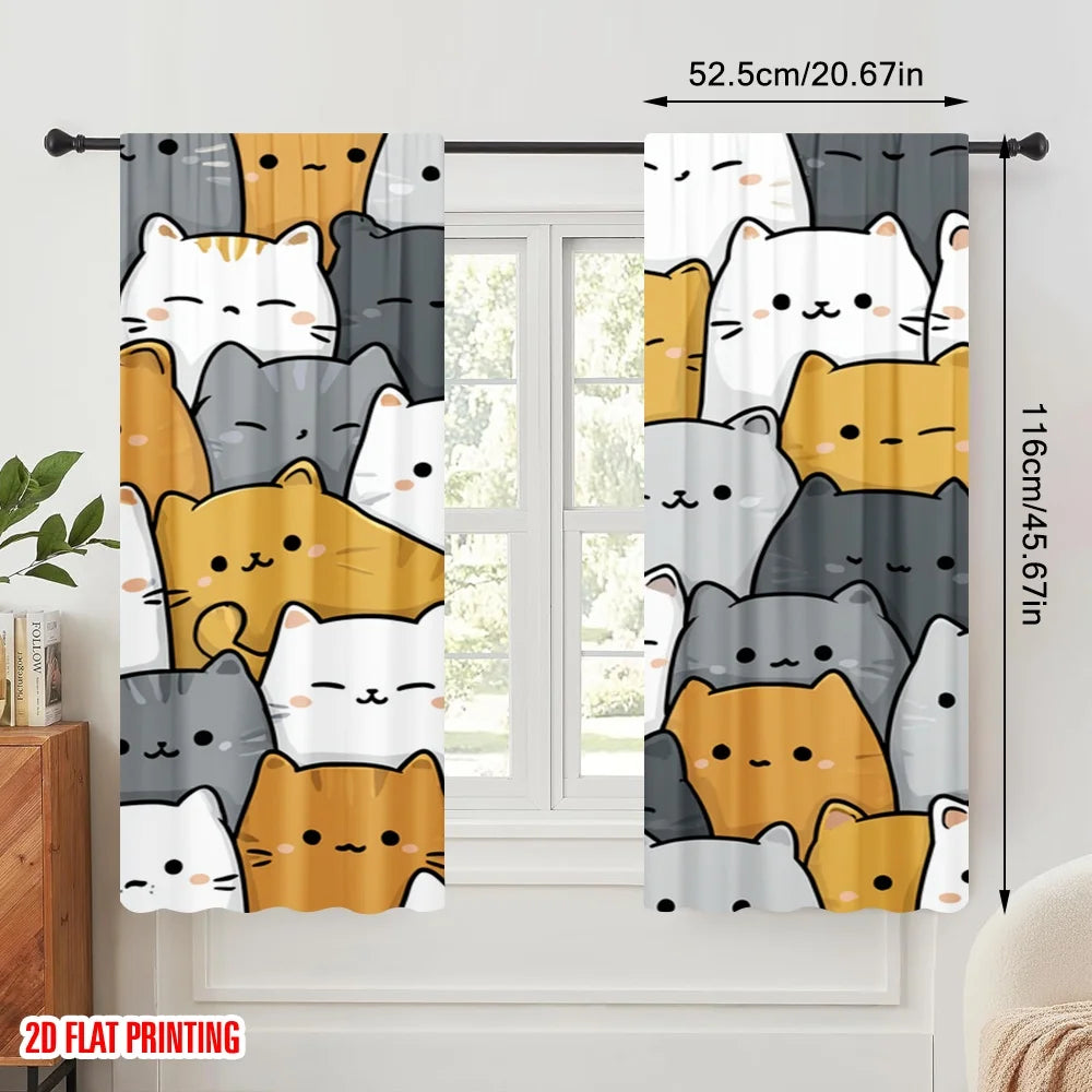 rideau moderne chatons mignons souriant blanc gris orange polyester pièces