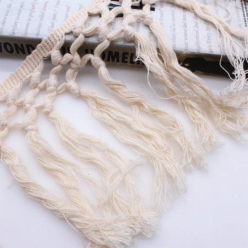 ruban macramé blanc motifs géométriques boho artisanal 15.5cm large franges coton tissu