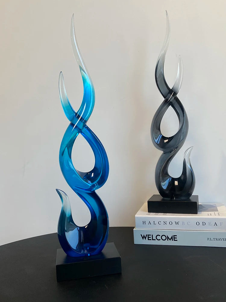 sculptures decoratives abstraites verre bleu gris moderne minimaliste artistique