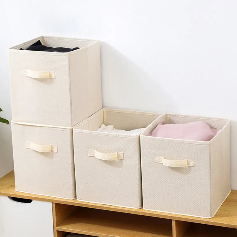boîtes rangement pliables tissu uni moderne bleu marine beige jaune vert poignées détachables respectueux