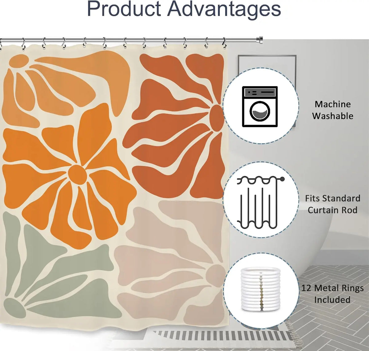 rideau douche floral géométrique orange rouille vintage 180x200cm polyester