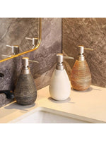 distributeur savon liquide mousse gris métallisé beige moderne élégant texture tissée marron clair foncé