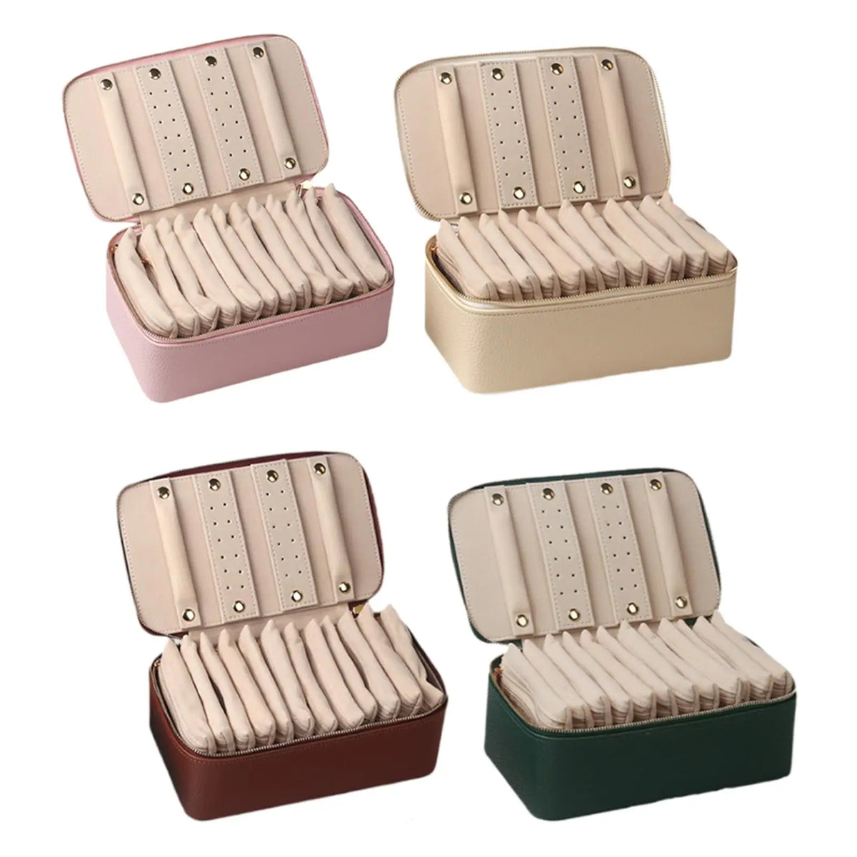 boîte bijoux simili cuir perforations moderne pratique beige rose marron vert fermeture glissière plaquettes