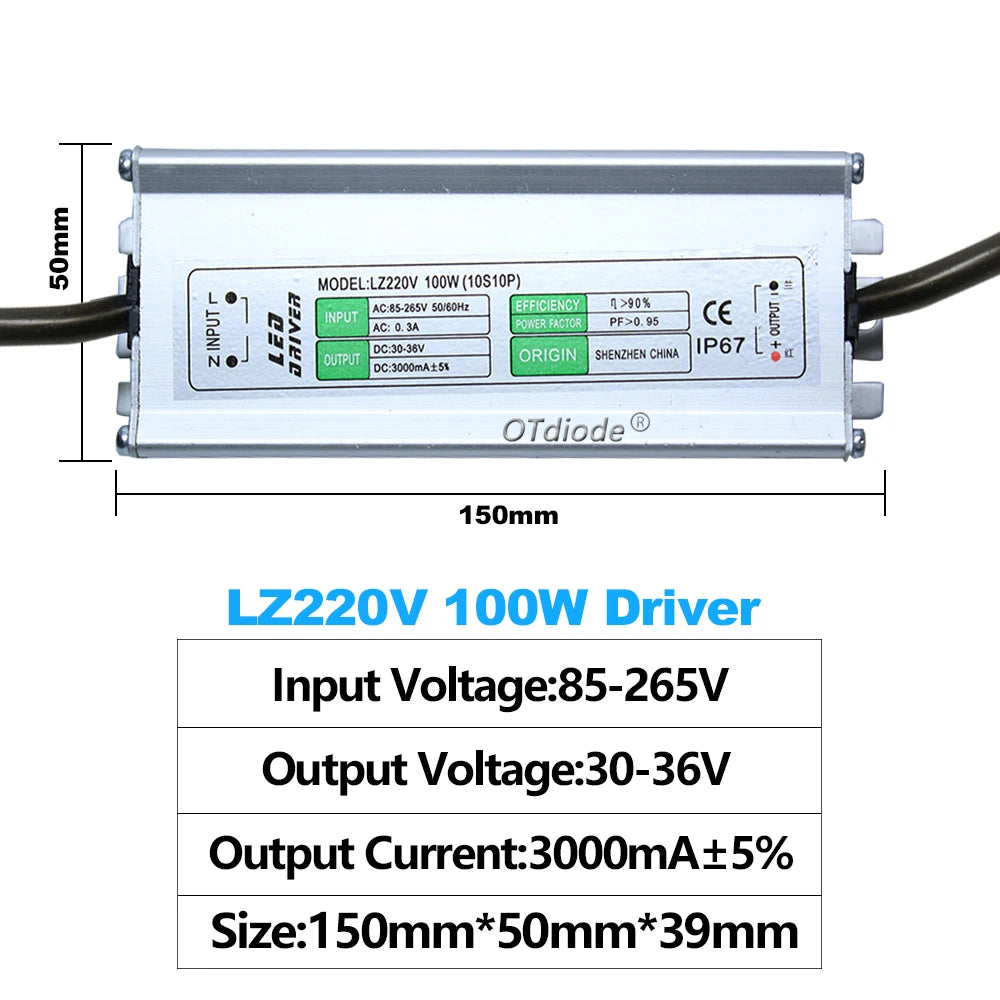 pilote led 100w argenté ip65 ip67 constant current driver câbles colorés certification gs haute