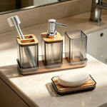 ensemble salle bain moderne porte brosse dents porte gobelet distributeur savon plateau bambou noir