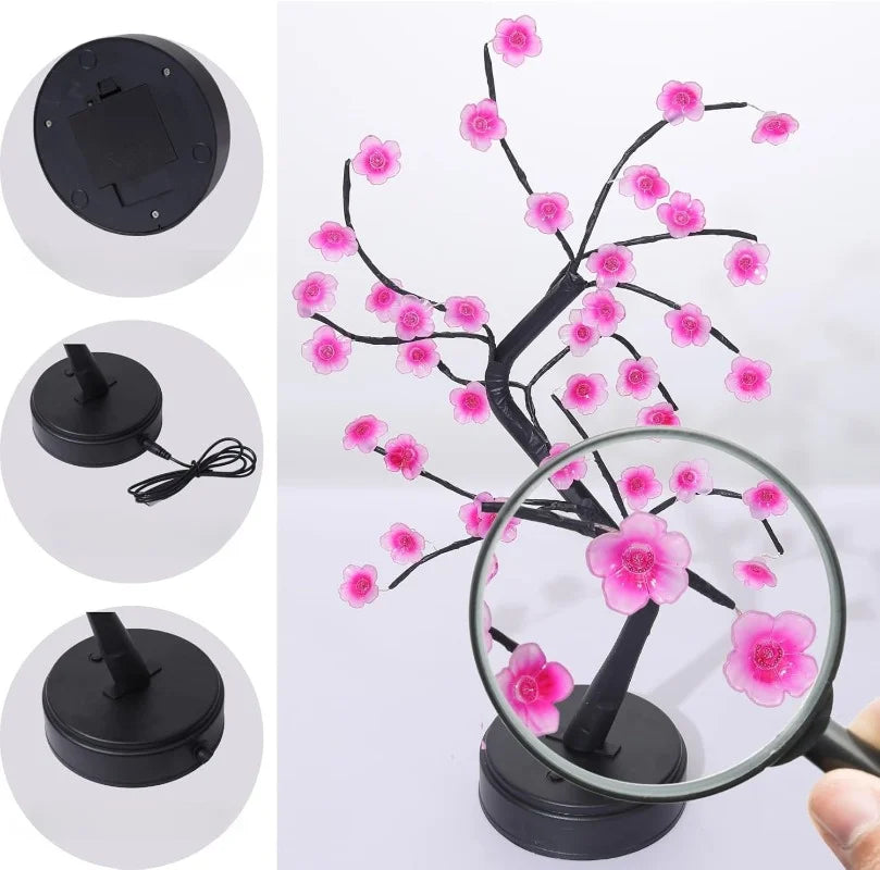 arbre artificiel lumineux veilleuse usb led base circulaire noir rose clair moderne minimaliste