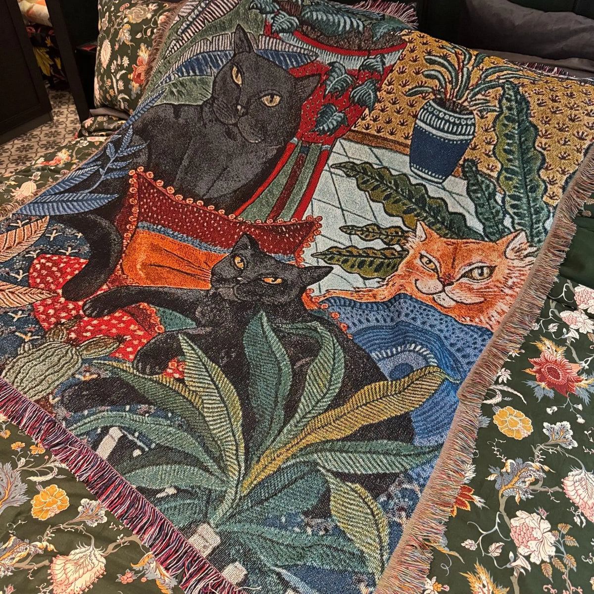 tapis vintage artisanal chats feuilles animaux portable printemps automne maison camping pique nique