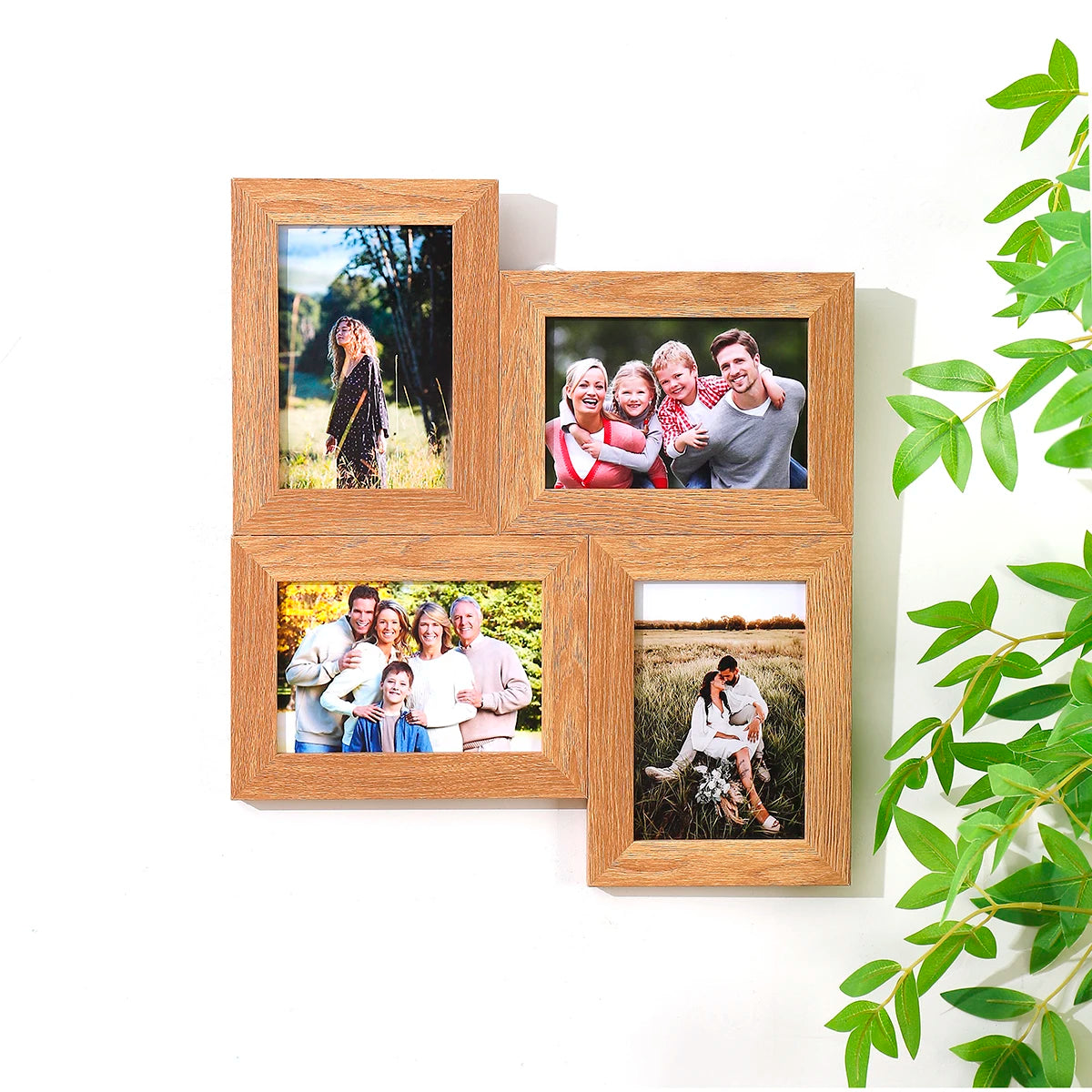 Cadre photo mural multi-ouverture 4x6 en bois jaune dans un salon moderne