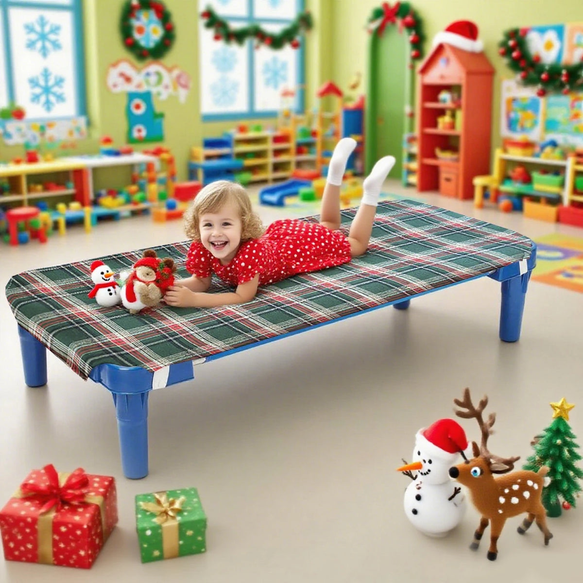 housse lit enfant carreaux écossais vert rouge moderne quatre saisons élastiques polyestère