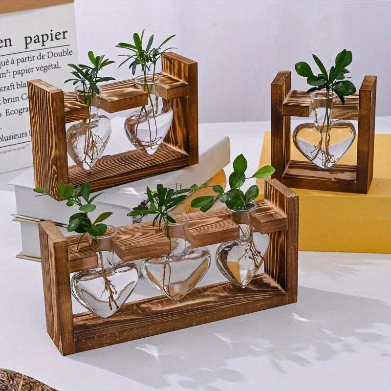 support plante verre moderne bois marron clair vase table decoration maison transparent naturel