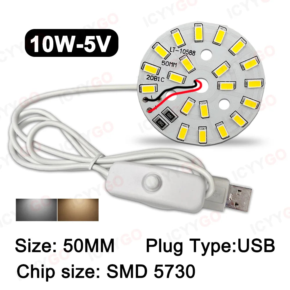 lampe led 10w blanc chaud 50mm usb circulaire diodes cordon interrupteur