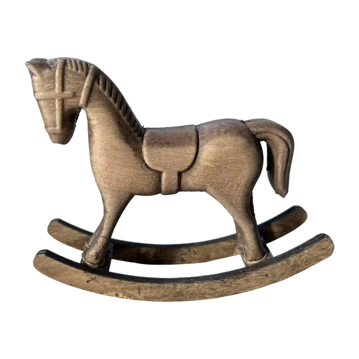 décoration cheval bascule bois vintage miniature bronze marron foncé aspect vieilli texture rugueuse figurine