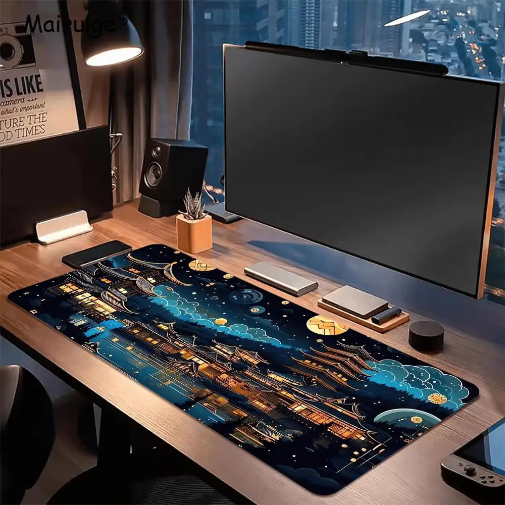 tapis souris noir illustration pagodes japonaises nuit caoutchouc antiderapant jeu numérique