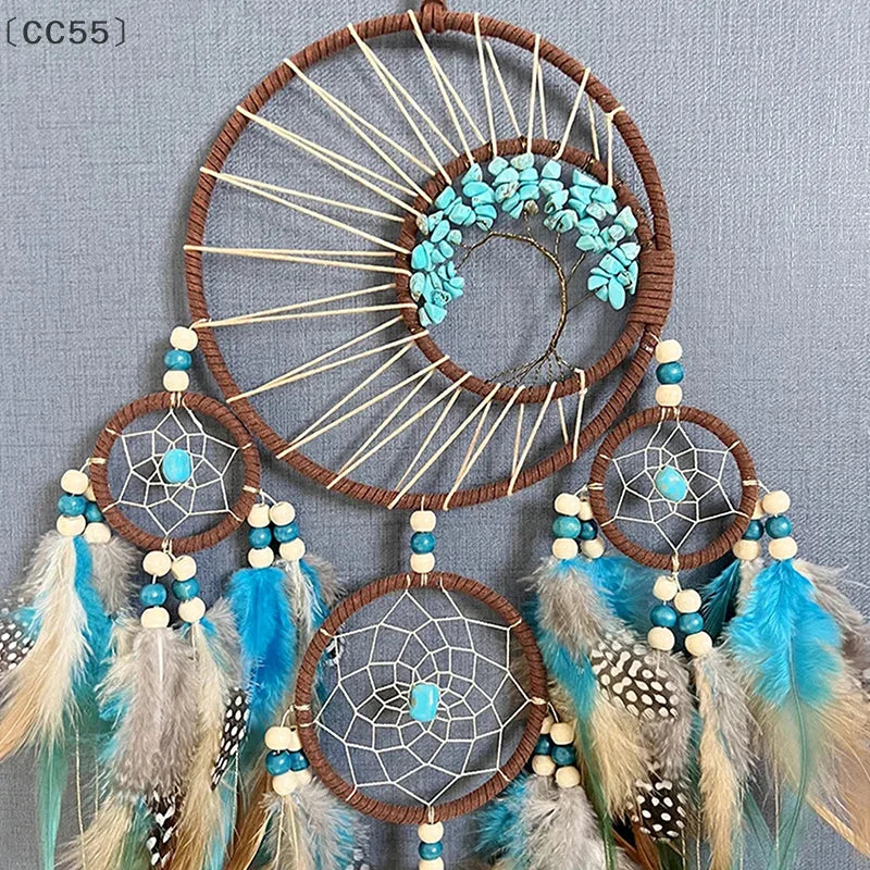attrape rêves ethnique attrape rêves boho chic plumes bois marron bleu blanc beige
