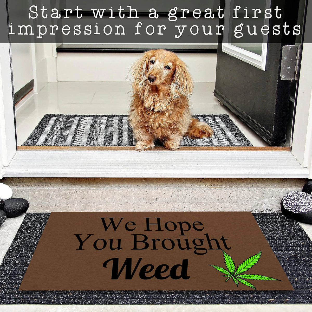 tapis bienvenue antidérapant marron vert blanc humour feuille cannabis porte entree exterieur