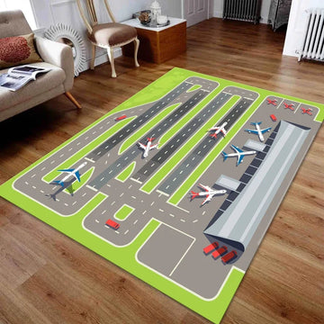 tapis jeu enfant aéroport avion piste décoratif salon chambre moderne antidérapant polyester gris bleu