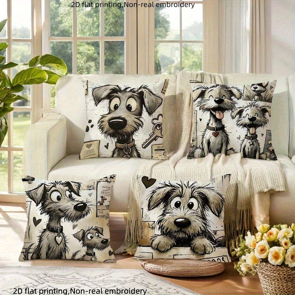 coussin chien mignon coeurs clés illustration cartoon blanc noir beige