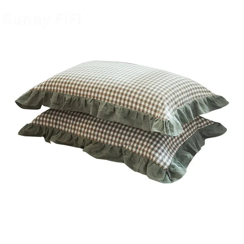 lot taies d'oreiller coton gris beige carreaux vintage chambre lit maison