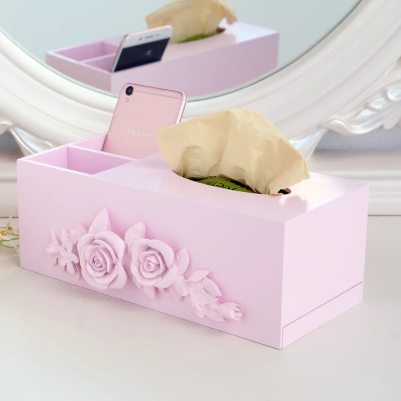 boîte rangement multifonctionnelle bois moderne blanc rose bleu compartiment téléphone mouchoirs fleurs relief respectueux