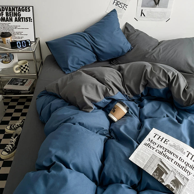 parure lit ensemble housse couette double deux taies d'oreiller coton moderne