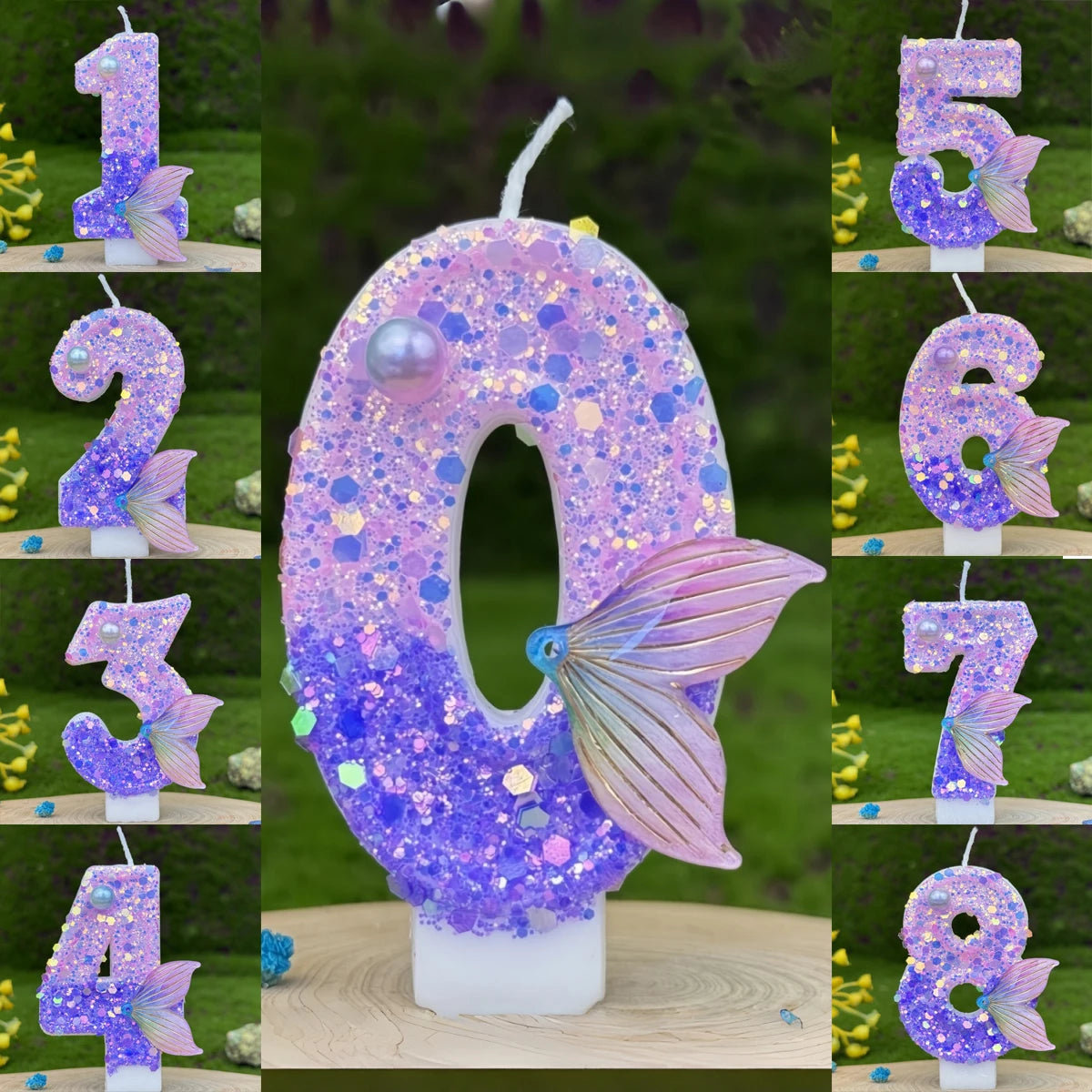 bougies numéraires paillettes sirène violet doré anniversaire décoration gâteau thème pois queue poisson festive