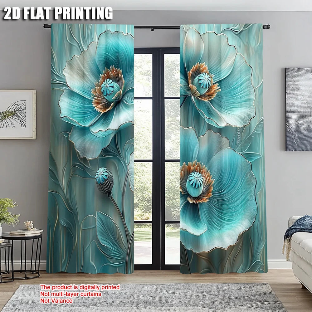 rideaux decoratifs deux panneaux polyester bleu turquoise motifs floraux modernes maison