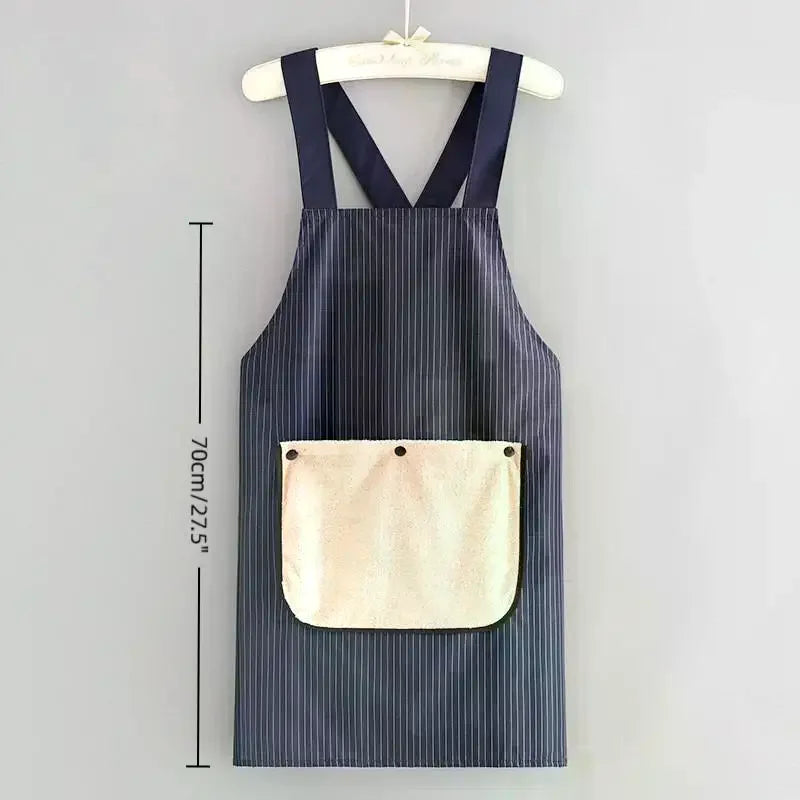 tablier professionnel bleu marine rayures verticales poche intérieure coussin amovible utilitaire cuisine