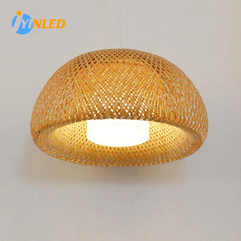 Suspension lumineuse tissage bambou moderne naturel doré salon chambre