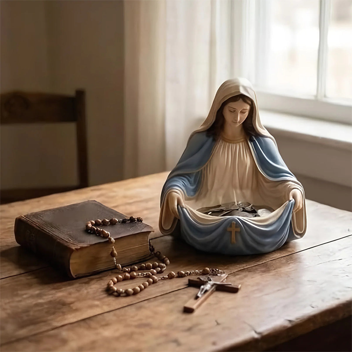 organisateur religieux statue vierge marie résine bleu crucifix chapelet bijoux bague