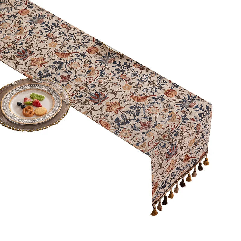 tableau decoratif floral oiseaux franges pompons beige marron bleu orange rustic boheme 33x180cm