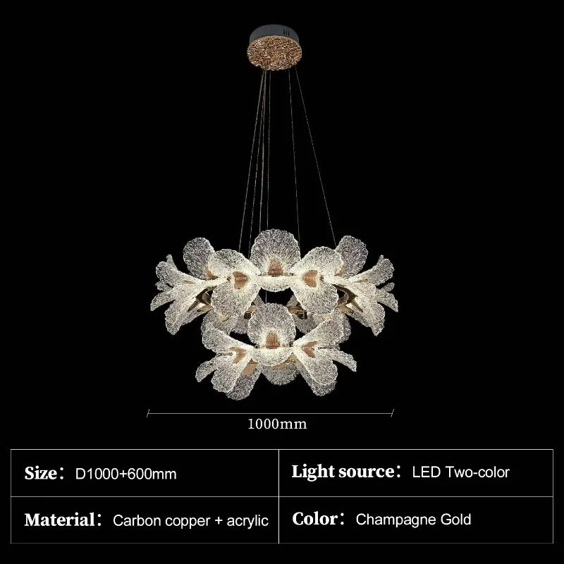 Suspension lumineuse cristal blanc doré fleurs relief moderne élégante chambre salon