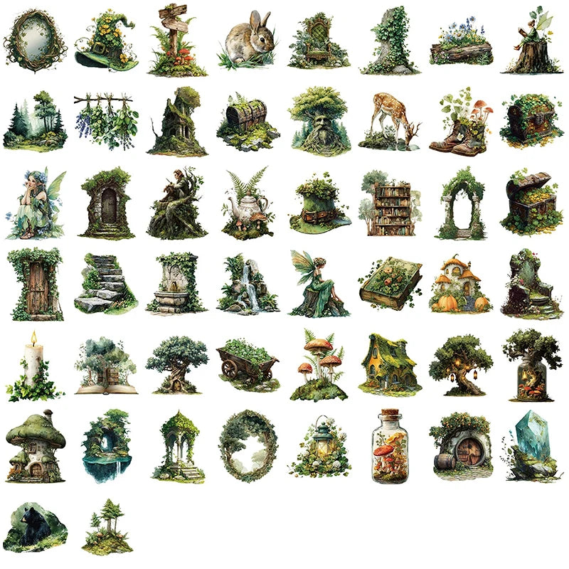 autocollants décoratifs forêt animaux motifs floraux illustratifs adhésifs vert beige naturelle fantaisie DIY objets