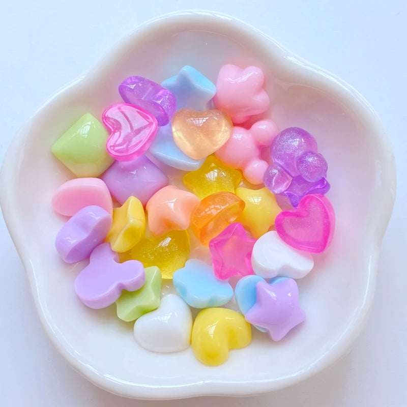 decoratives resine forme coeur etoile fleur couleurs vert jaune rose blanc bleu violet 11mm