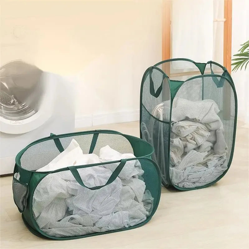 panier linge vert foncé pliable moderne poignées maille polyester réutilisable salle bain voyage