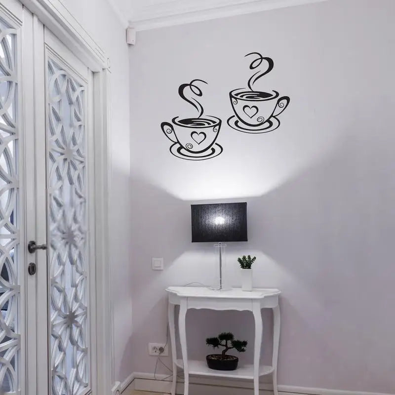 autocollant mural moderne tasse coeur fumée stylisée noir minimaliste adhésif
