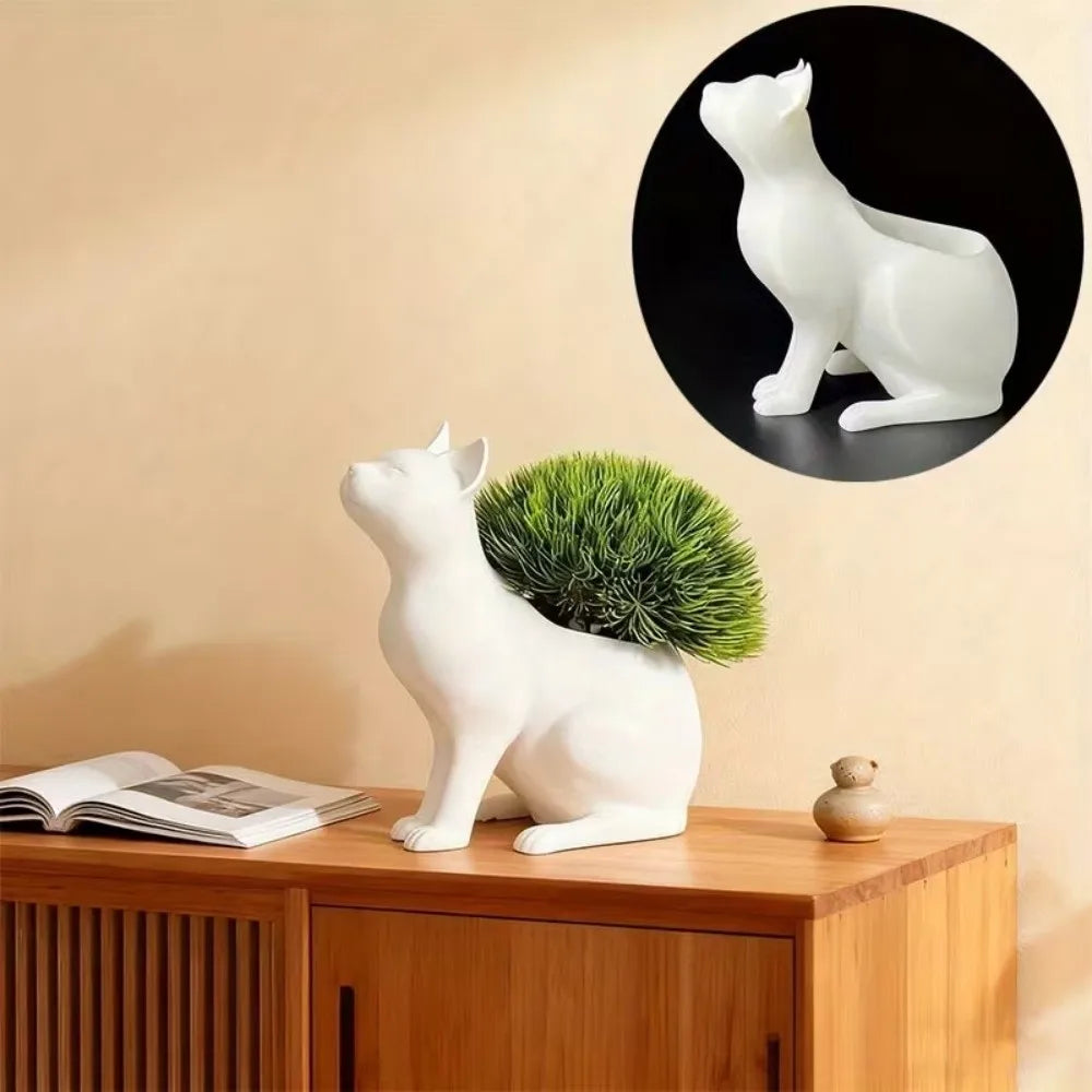 statue chat blanc moderne résine lisse décoration intérieure plante pot fleurs ornement unisexe adulte