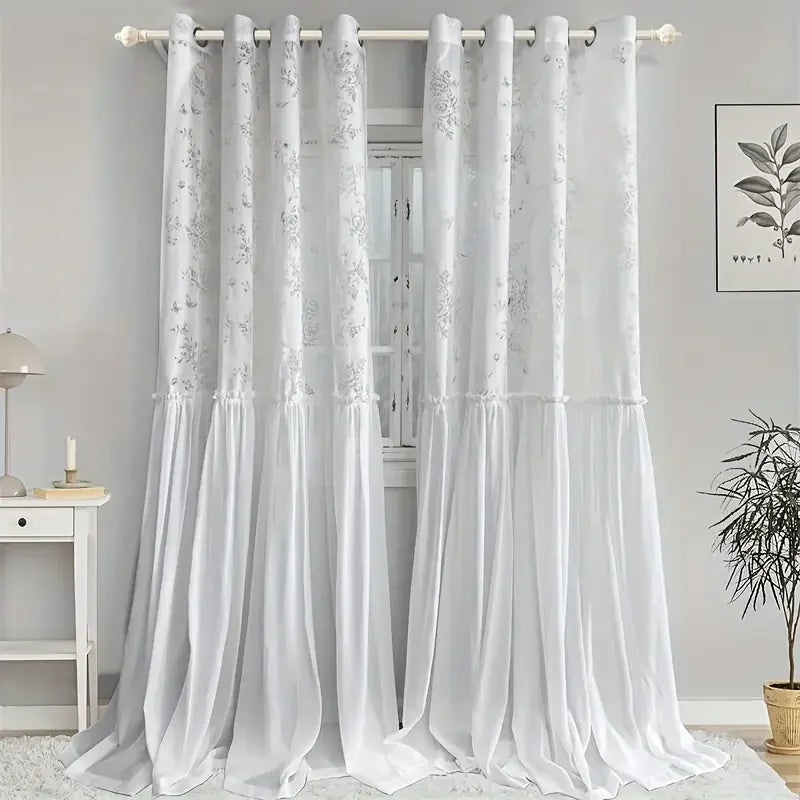 rideau blanc papillon transparent japonais fleurs broderie chambre salon anneaux bordure décorative polyester