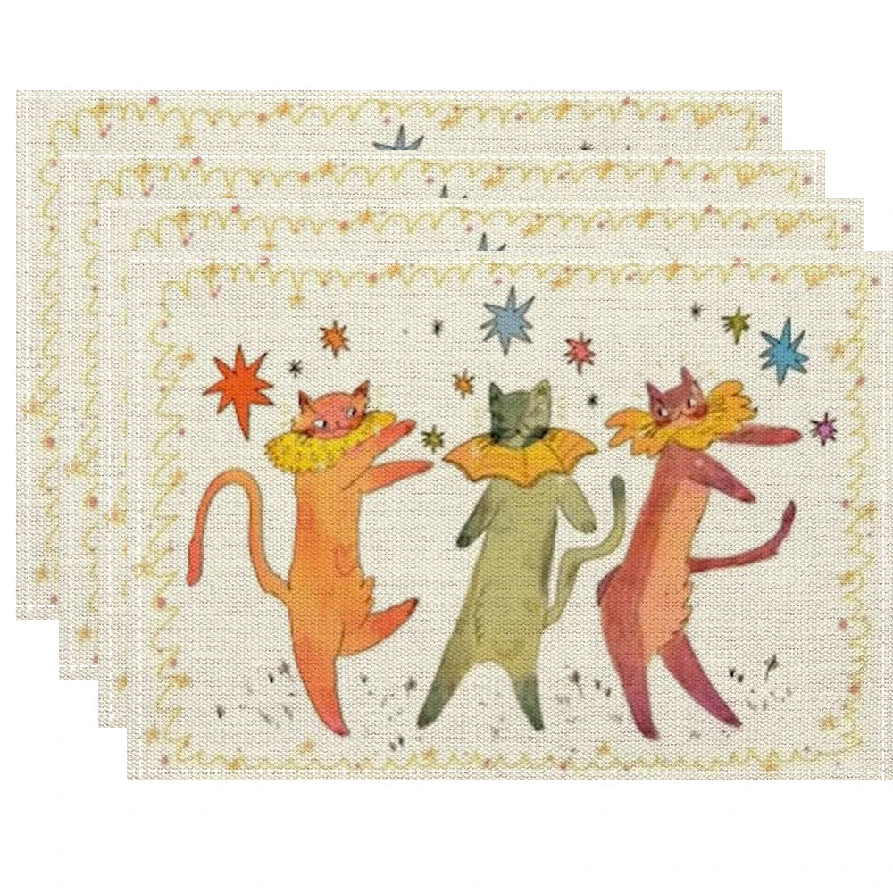 serviettes table illustratives moderne chats motifs géométriques beige noir gris orange rose