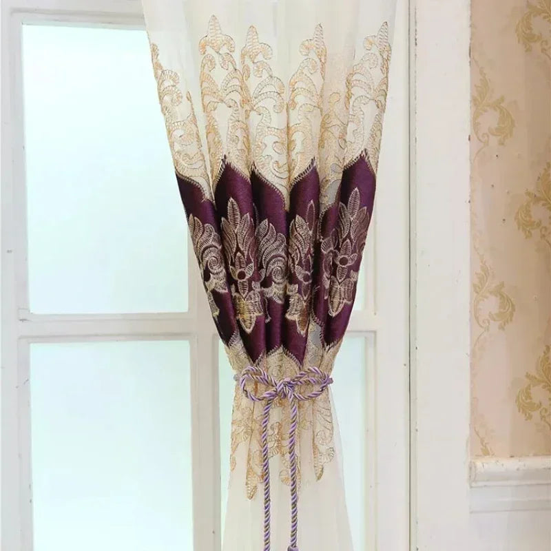 rideaux violet brodés ornements floraux semi transparents classiques maison hospitalité tulle polyester