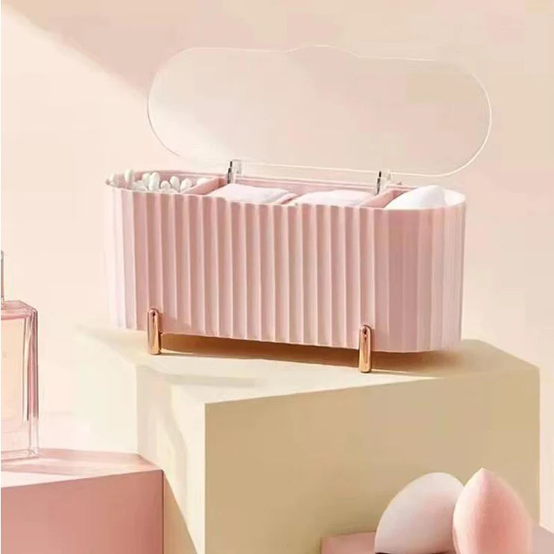 boîte rangement cosmétique moderne beige rose pâle rayures verticales pieds métalliques brosse maquillage boule