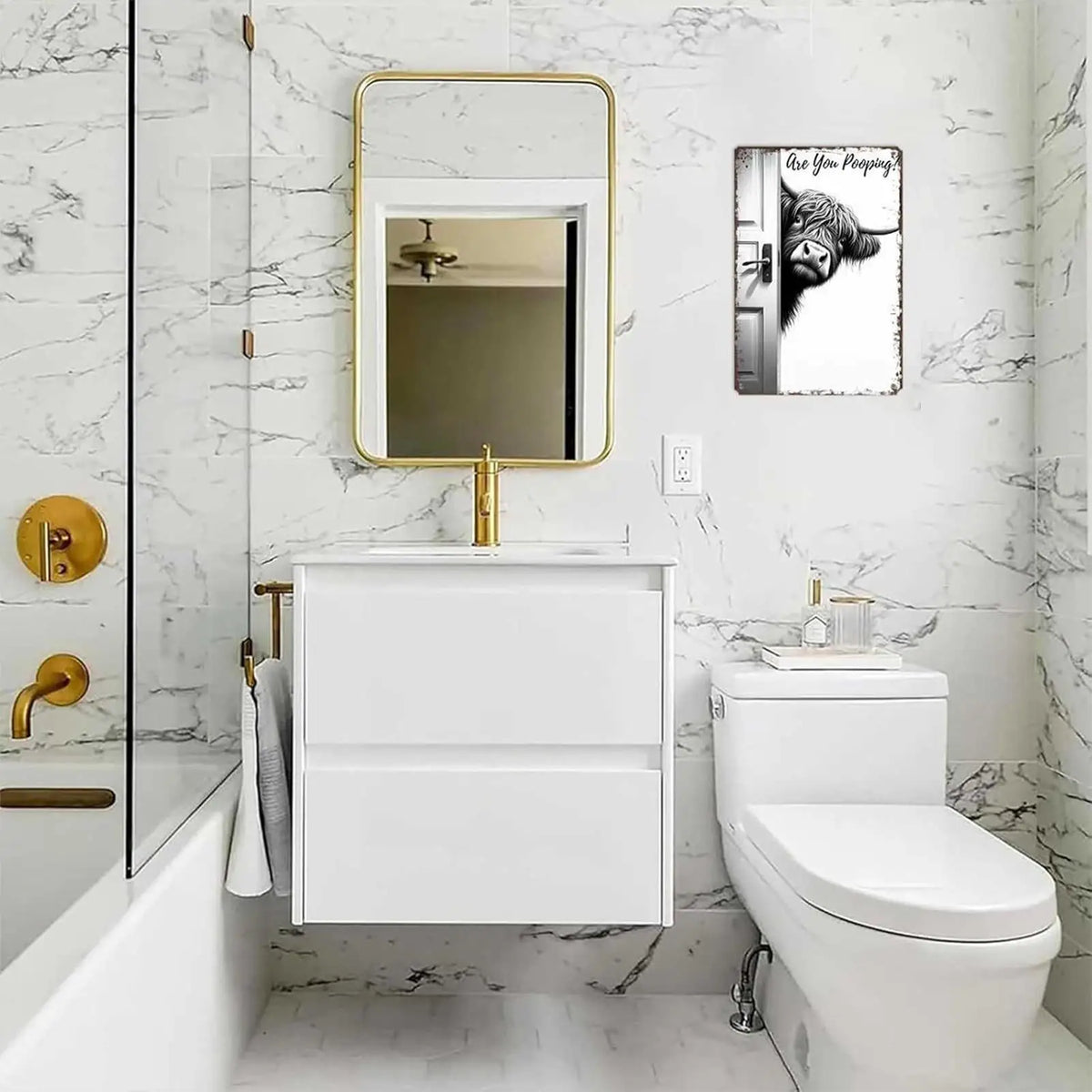 panneau decoratif metal vache highland rustique humoristique fond gris entrouverture toilettess