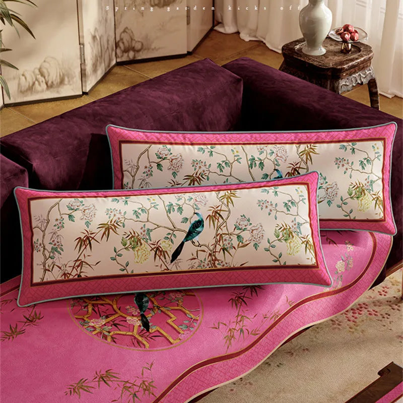 coussin canapé rectangle fleurs oiseaux violet rose vert bleu beige traditionnel vintage decorative 35x100cm