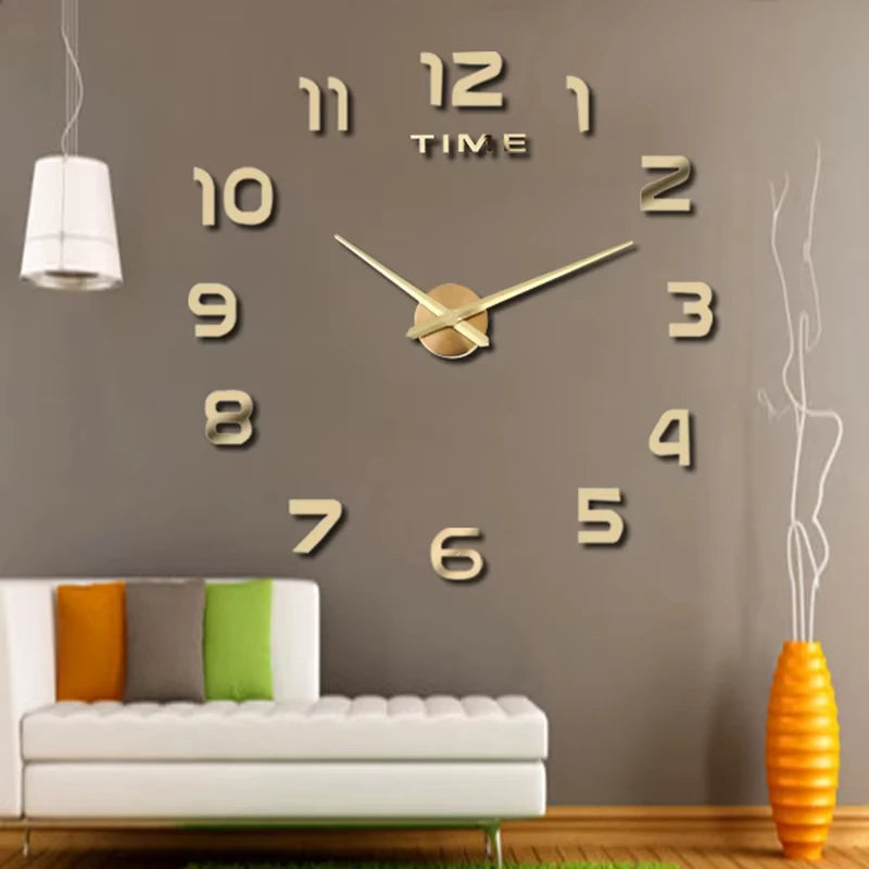 horloge murale moderne quartz aiguille adhésive noir doré salon grande taille